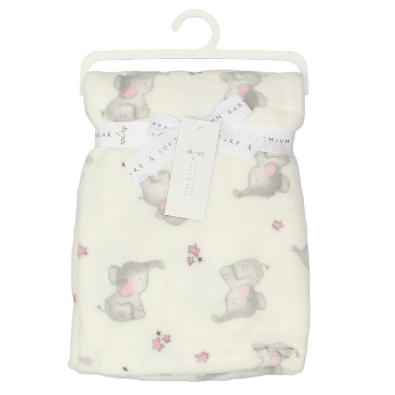 BABY PINK ELEPHANT PRINT PLUSH FLEECE WRAP (75x100cm) (PK6)D12828