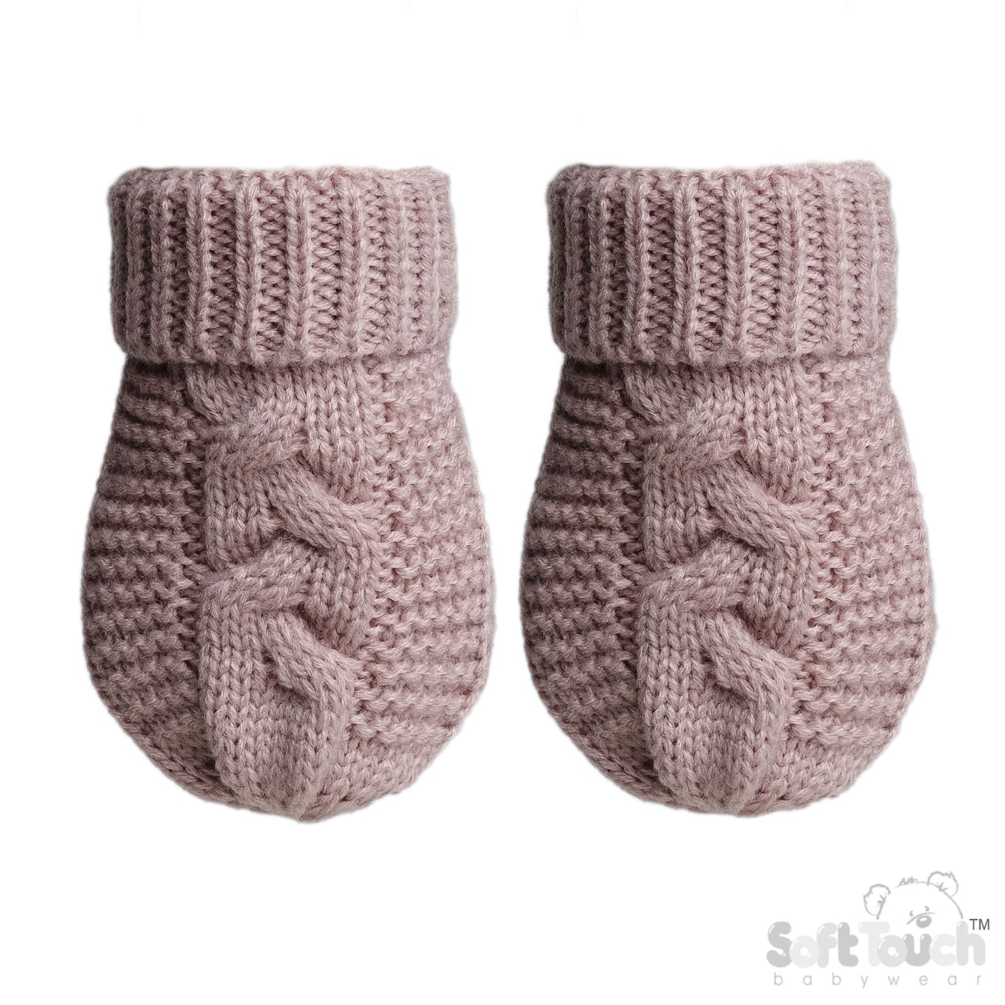 DUSTY PINK INFANTS RECYCLED ACRYLIC CABLE KNIT MITTENS - (NB-12 Months) (PK6) EBM800-DP