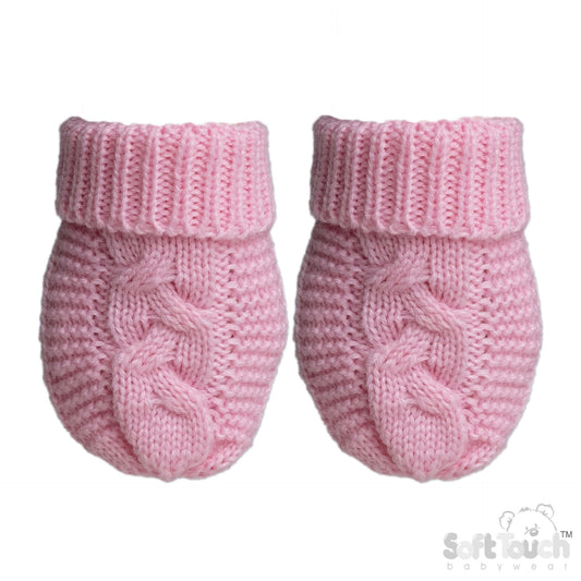PINK INFANTS RECYCLED ACRYLIC CABLE KNIT MITTENS - (NB-12 Months) (PK6) EBM800-P