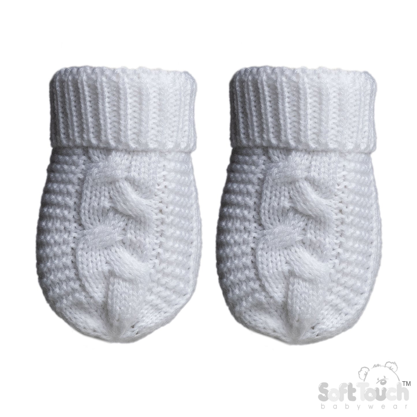 WHITE INFANTS RECYCLED ACRYLIC CABLE KNIT MITTENS - (NB-12 Months) (PK6) EBM800-W