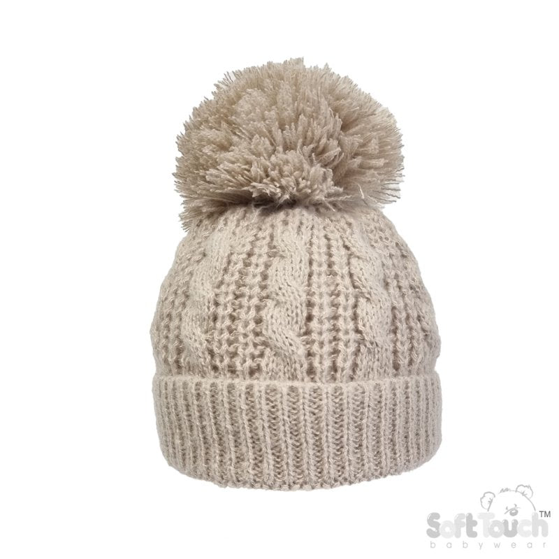 Cable Knit Pom Pom Turnover Hat - Biscuit (NB-12m) (PK6) H16-BI