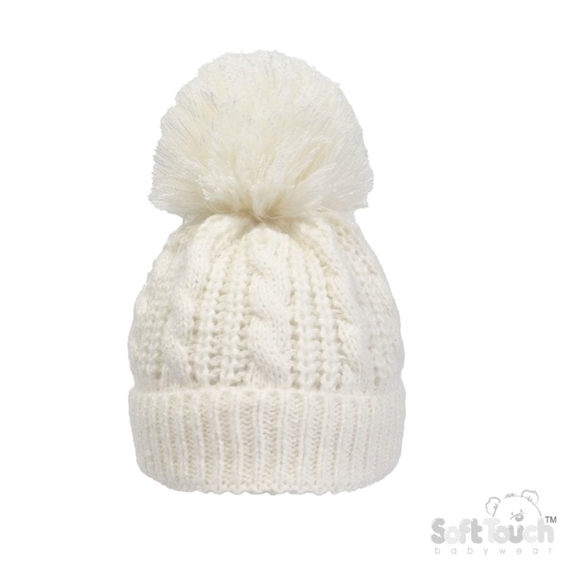 Cable Knit Pom Pom Turnover Hat - Cream (NB-12m) (PK6 H16-C