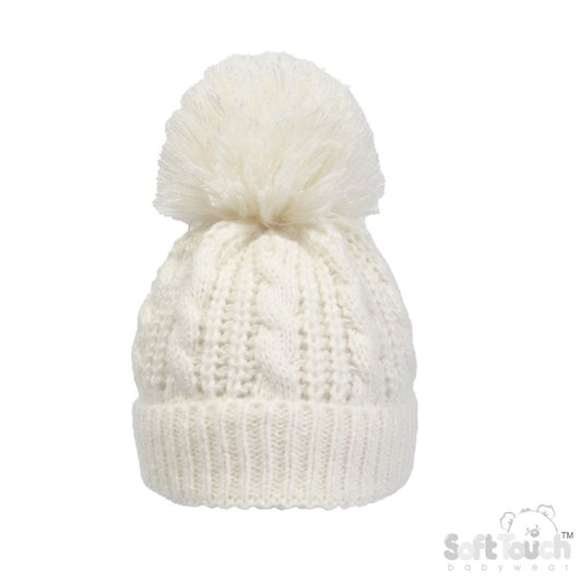 Cable Knit Pom Pom Turnover Hat - Cream (NB-12m) (PK6 H16-C