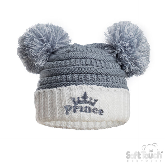 DUSTY BLUE INFANTS ACRYLIC CABLE KNIT 'PRINCE' HAT W/POM POMS - (NB-12 Months) (PK6) H686-DB