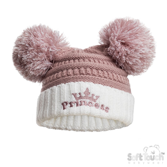 DUSTY PINK INFANTS ACRYLIC CABLE KNIT 'PRINCESS' HAT W/POM POMS - (NB-12 Months) (PK6) H686-DP