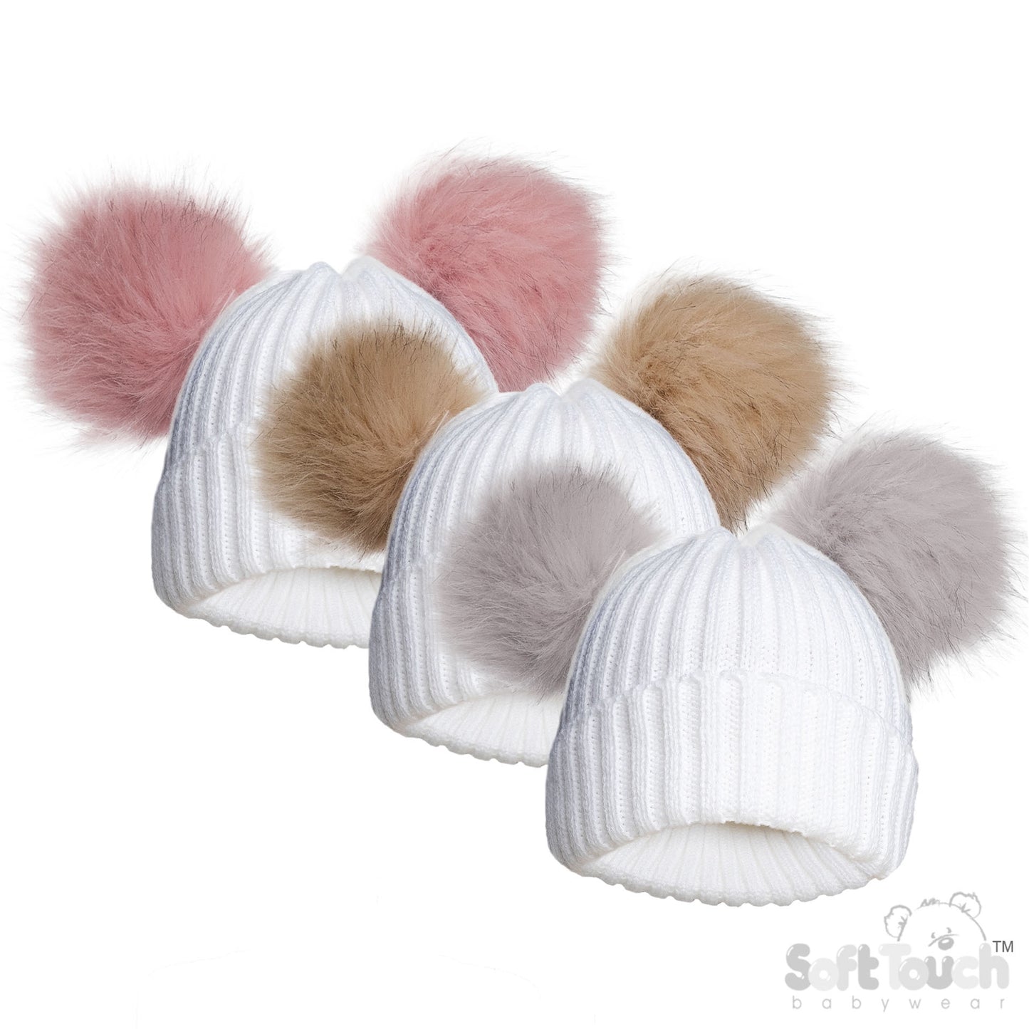 WHITE/ASSORTED COLOURS INFANTS ACRYLIC RIBBED HAT W/FAUX FUR POM POMS - (NB-12 Months) (PK6) H688-COL