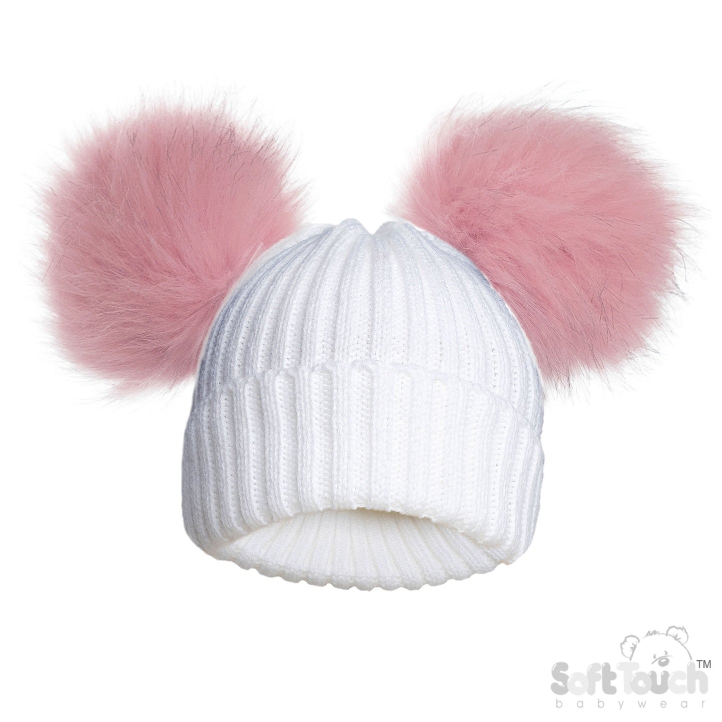 WHITE/PINK INFANTS ACRYLIC RIBBED HAT W/FAUX FUR POM POMS - (NB-12 Months) (PK6) H688-P