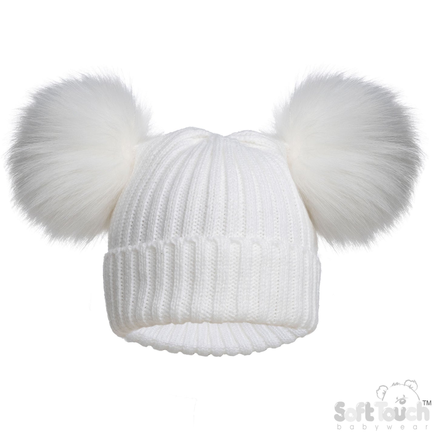 WHITE INFANTS (NB-12M) ACRYLIC RIBBED HAT W/FAUX FUR POM POMS - (NB-12 Months) (PK6) H688-W