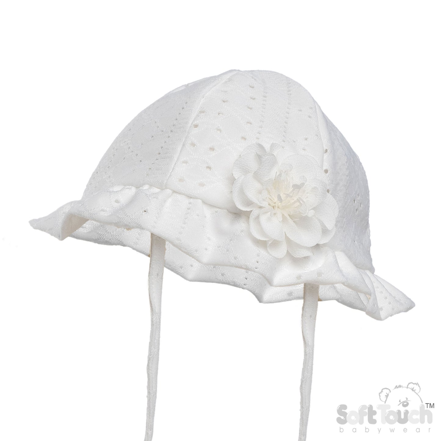WHITE BROIDERY ANGLAIS HAT W/FLOWER (0-24 M) (PK 6) H80-W