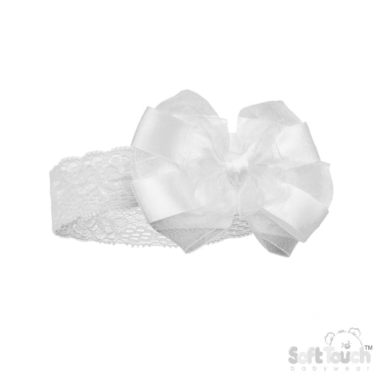 CREAM LACE HEADBAND W SATIN/ORGANZA BOW  (PK 12) HB116-C