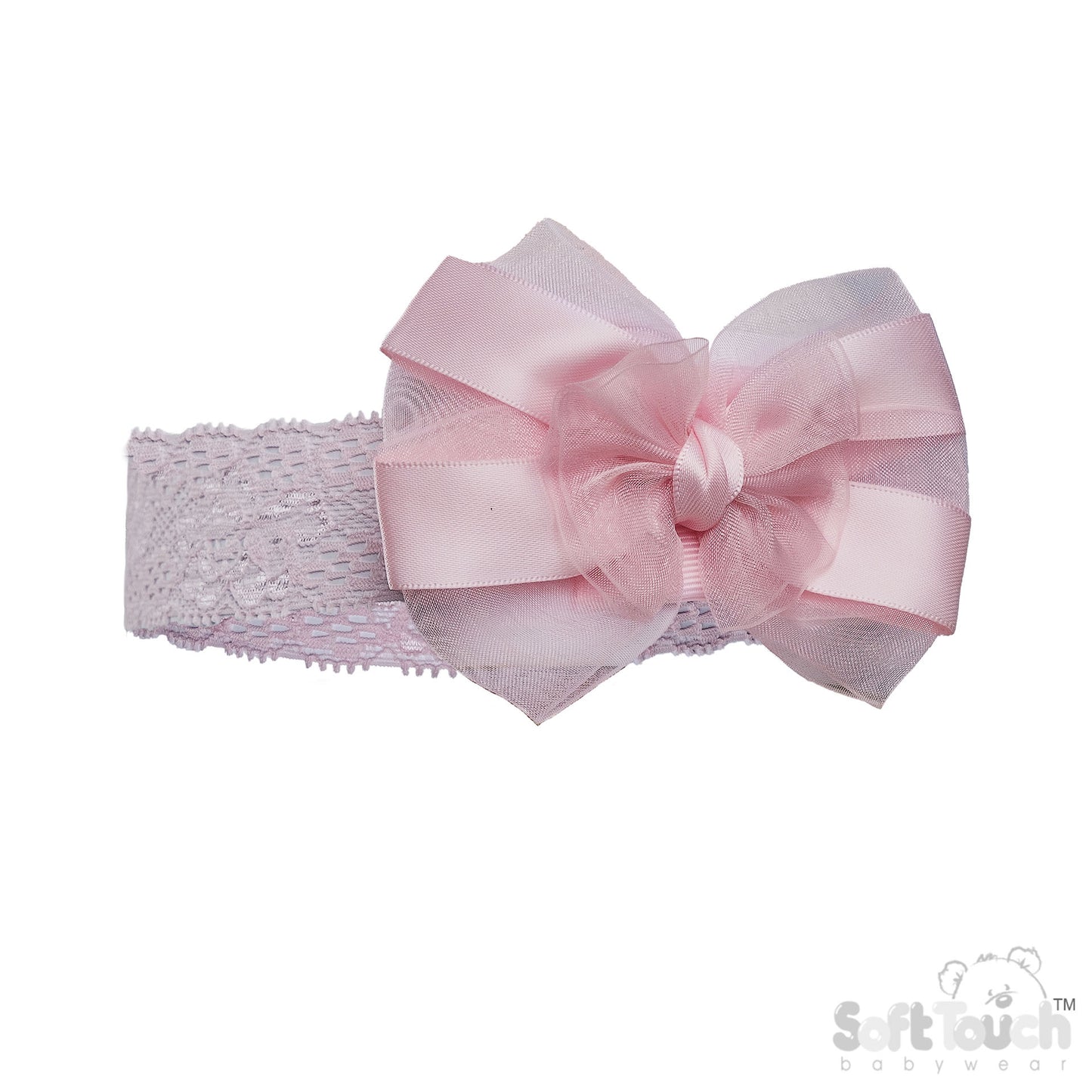 PINK LACE HEADBAND W SATIN/ORGANZA BOW (PK 12) HB116-P