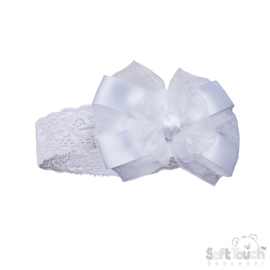 WHITE LACE HEADBAND W SATIN/ORGANZA BOW  (PK 12) HB116-W