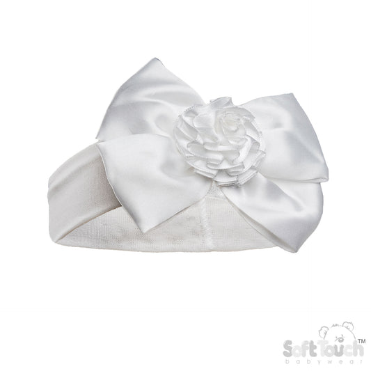 WHITE HEADBAND W/BOW & FLOWER (PK 12) HB120-W