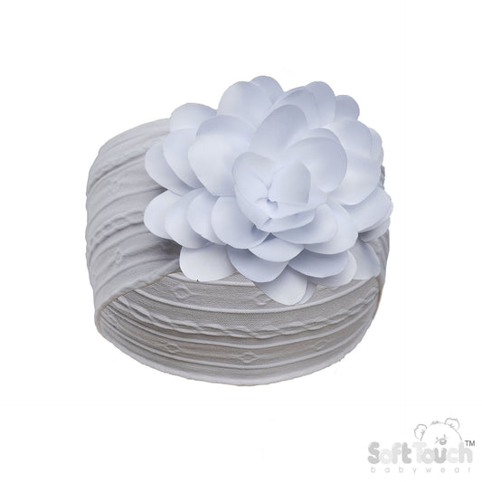 WHITE CABLE HEADBAND W/LARGE FLOWER (PK 12) HB122-W