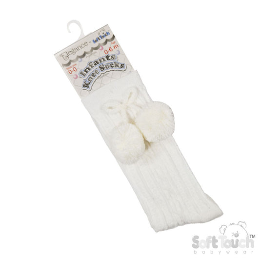 Cream 'Elegance' Pom Pom Knee Length Socks (0-24 MONTHS) (PK12) S355-C