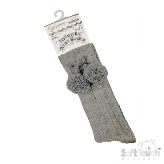 Grey 'Elegance' Pom Pom Knee Length Socks (0-24 MONTHS) (PK12) S355-G