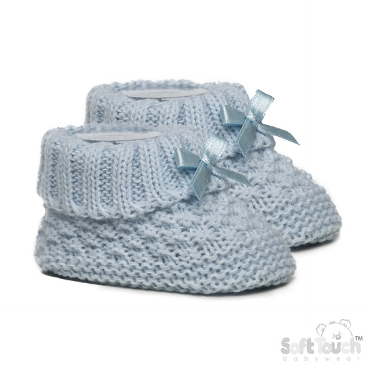 BLUE ACRYLIC BOOTEES WITH CHECK DESIGN AND BOW - S442B