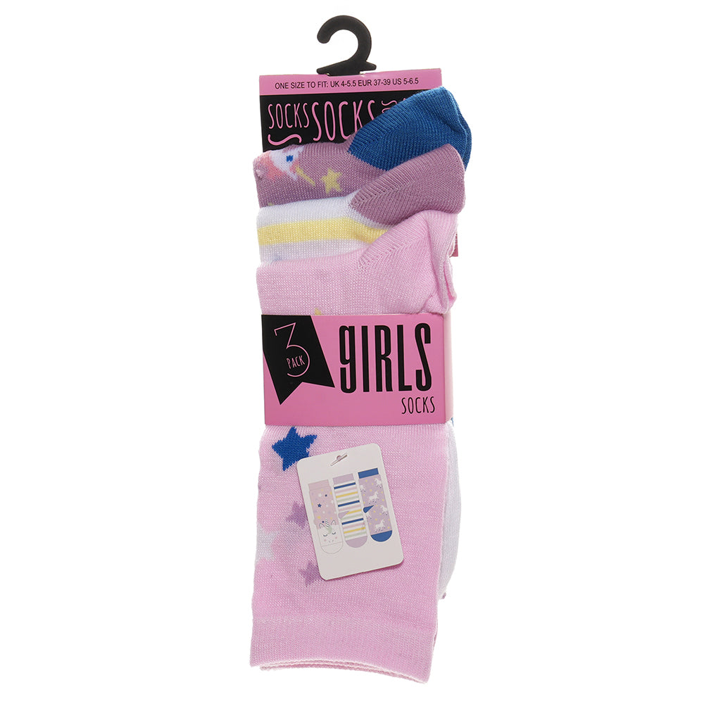 Girls 3pk Socks - Rainbow/Unicorn (PK12) (9-12 to 4-5.5) SK1402