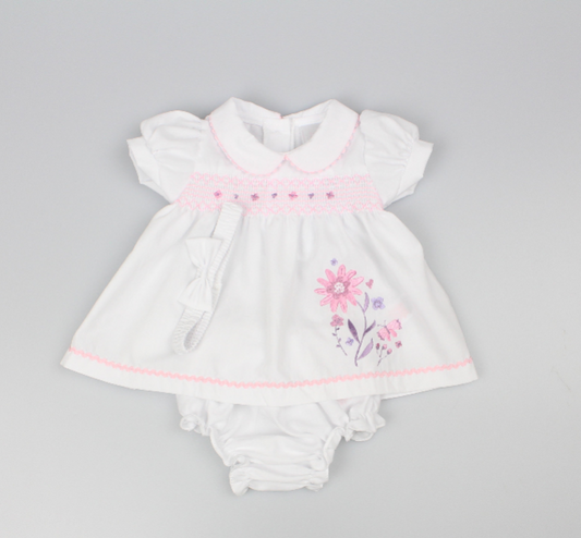 3pc Baby Girls Dress Set - White Smocked (NB-6m) (PK6) - K14228