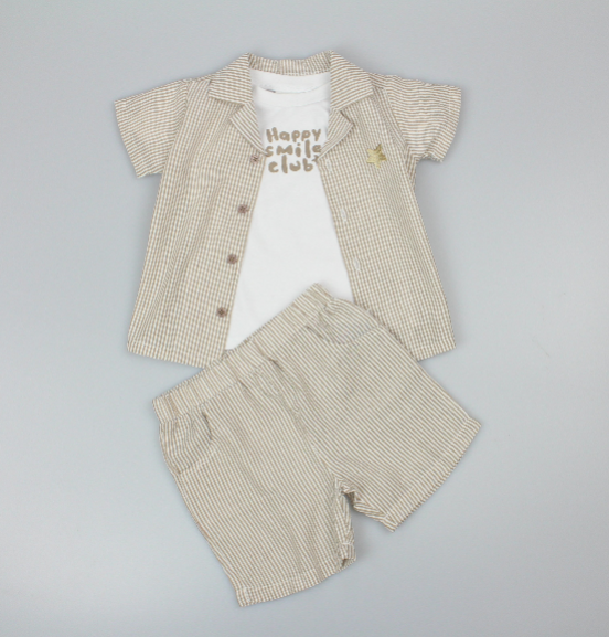 Baby Boys 3pc Shorts Set - Stone/HappySmile (1-2Years) (PK6) M34319