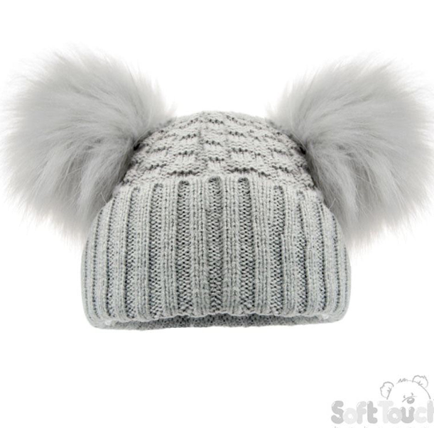 Deluxe Grey Checked/Striped Hat w/Pom Poms (12-24m) (PK6) H672-G