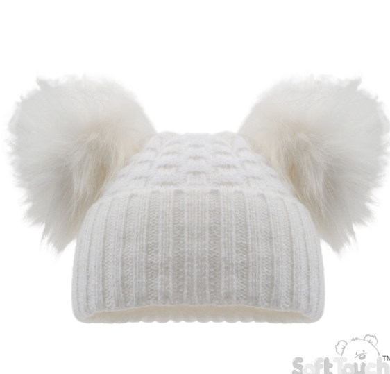 Deluxe White Checked/Striped Hat w/Pom Poms (12-24m) (PK6) H672-W