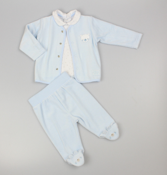 Baby Boys Velour 3pc Embossed Set - Sky/Teddy (0-9M) (PK6) M15968