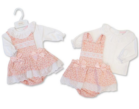 Baby Girls 2 pcs Dungaree Set with Lace and Bows - Flowers (NB-6m) (PK6) BIS-2020-2629