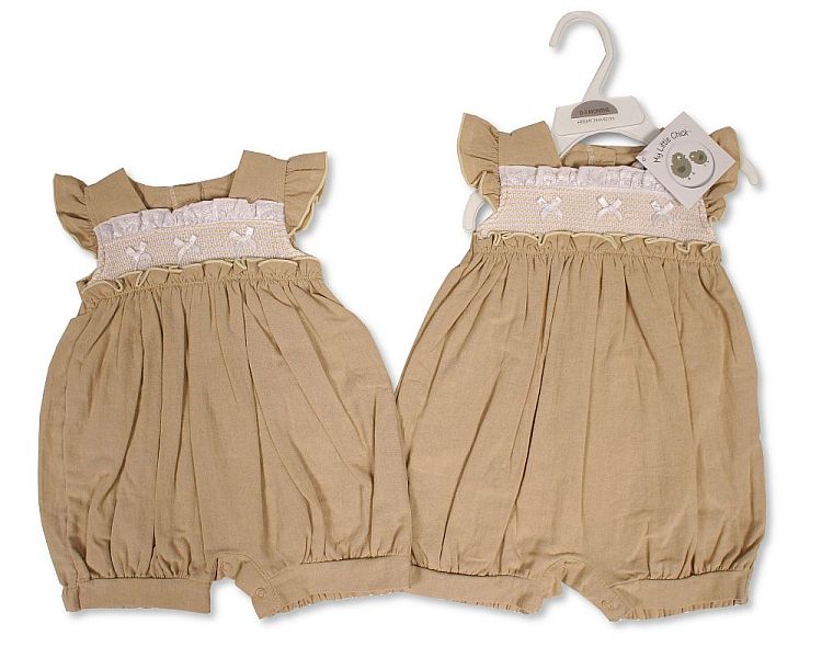 Baby Girls Linen Romper with Smocking and Bows (NB-6m) (PK6) BIS-2120-6250