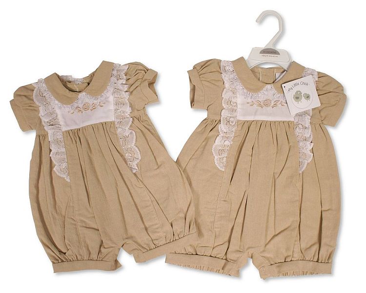Baby Girls Linen Romper with Lace and Embroidery (NB-6m) (PK6) BIS-2120-6252