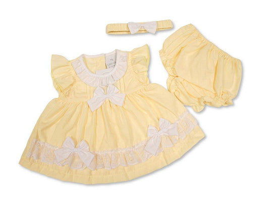Baby Dress Lemon with Lace and Bows (6-24m) (PK6) - BIS-2120-6372