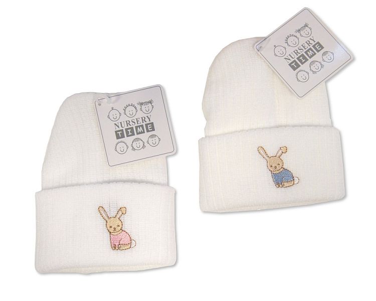 Knitted Baby Hat with Rabbit Embroidery - White/Pink- White/Sky (0-3 Months) BW-0503-0463
