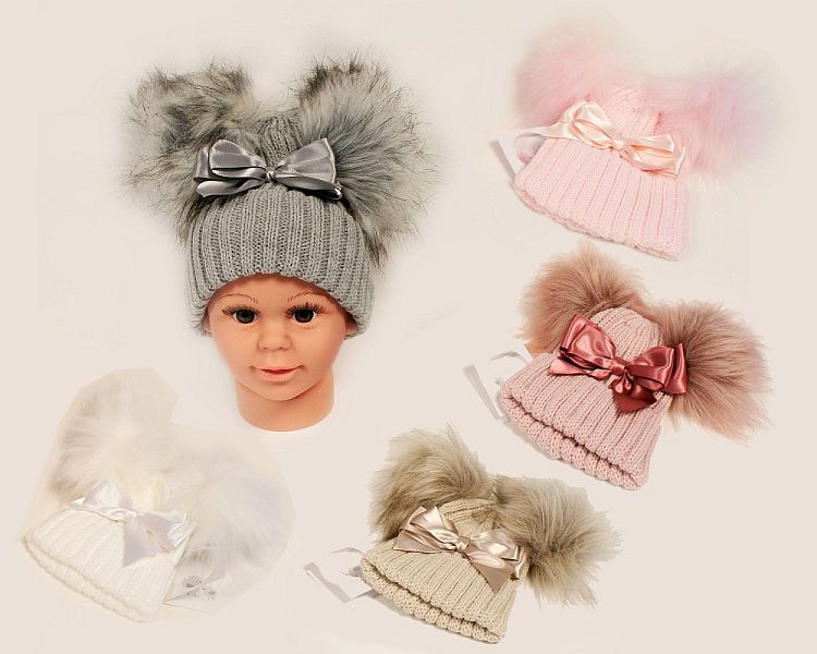 Baby Hat with Double Pom-Pom and Bow - 5 Colours (XL) (PK6) BW-0503-0625-XL