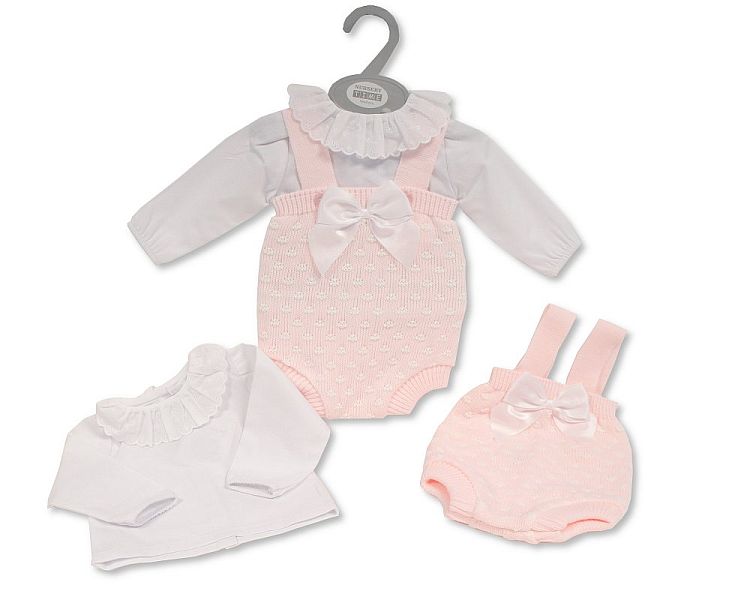 Knitted Baby Girls 2 pcs Dungaree Set with Bow and Lace (NB-9) (PK6) BW-10-1193
