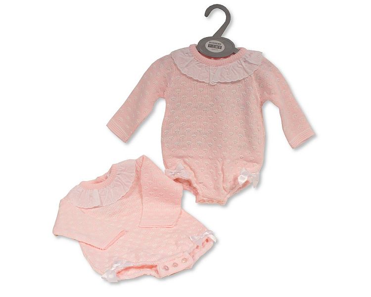 Knitted Baby Girls Short Romper with Bows and Lace (NB-6) (PK6) BW-10-1196