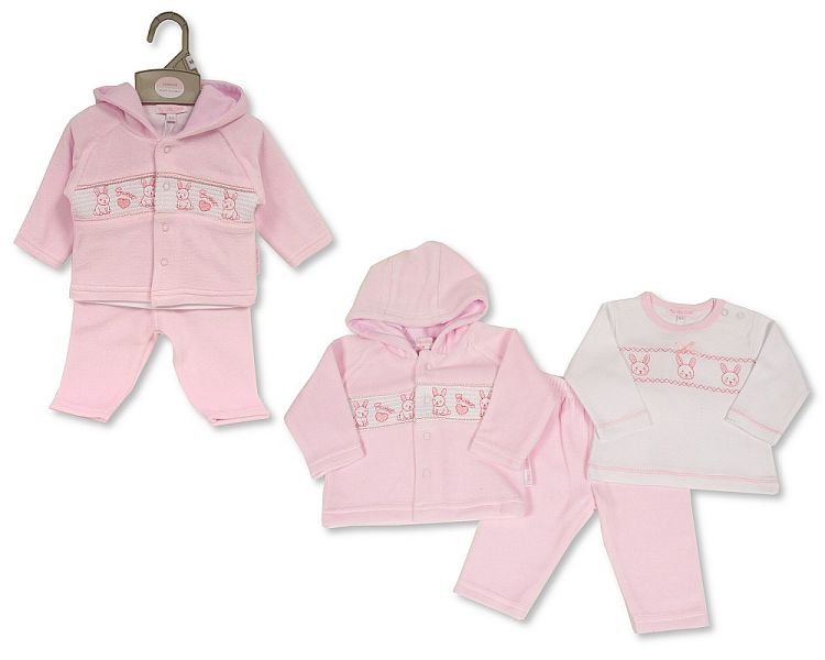 Baby Girls 3 pcs Set with Smocking and Hood - Sweet (NB-6) (PK6) BW-13-387