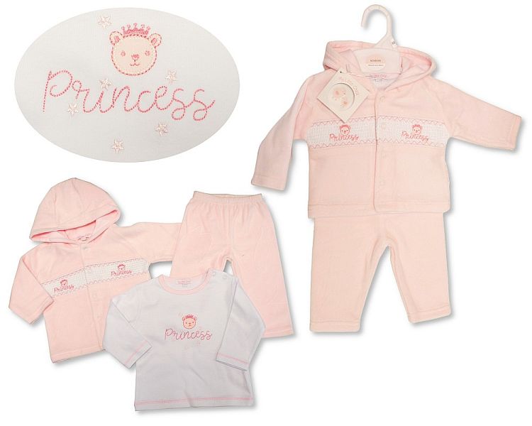 Baby Girls Velour 3 pcs Set with Smocking - Princess (NB-6m) (PK6) BW-13-410