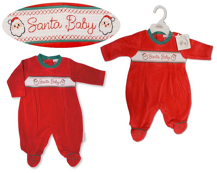 Baby Christmas Velour All in One with Smocking - Santa Baby (NB-6m) (PK6) BW-13-418