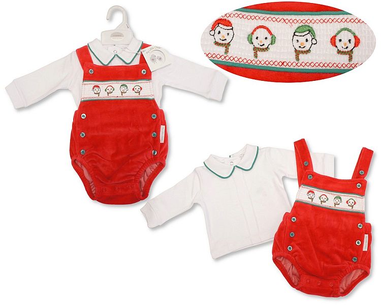 Baby Christmas Velour 2 pcs Romper Set with Smocking - Snowman (NB-6m) (PK6) BW-13-423