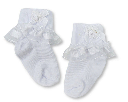 Baby Girls Socks with Satin Lace and Rosebud Bow (0-18m) (PK12) BW-61-2250