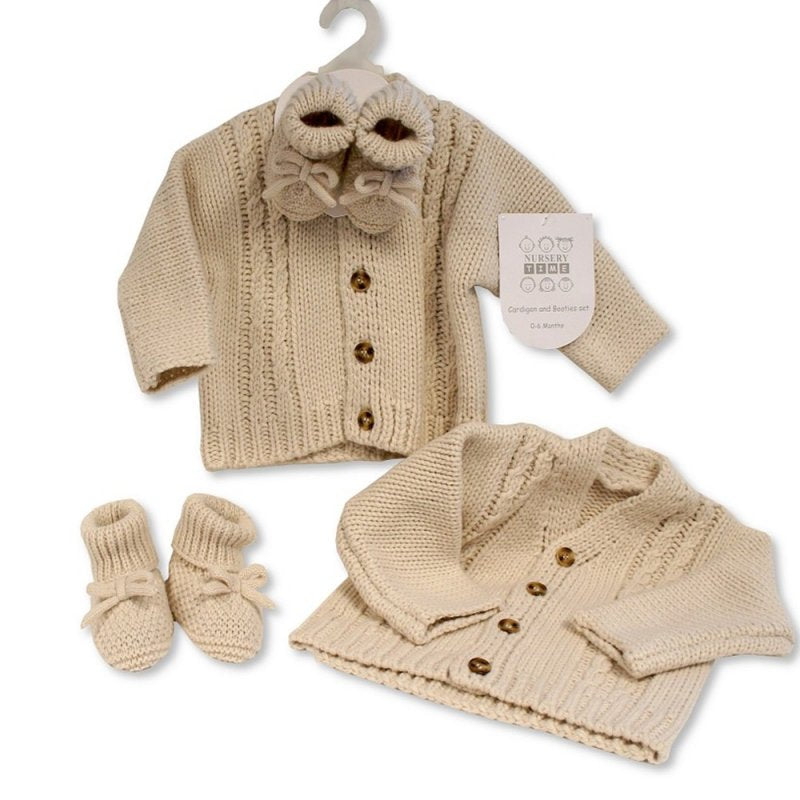 BABY KNITTED CHUNKY CARDIGAN & BOOTIES SET- TAUPE (0-6 MONTHS) (6-12 Months) (PK6 ) GP-25-1221T