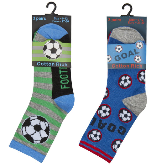 BOYS 3PK COTTON RICH SOCKS - FOOTBALL (6-3.5 assorted) 42B671 - Kidswholesale.co.uk