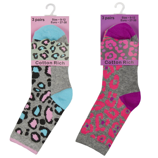 GIRLS 3PK COTTON RICH SOCKS - Leopard (6-3.5 assorted) 43B650 - Kidswholesale.co.uk