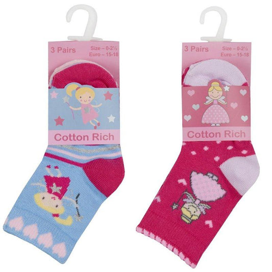 Girls 3pk Cotton Rich Ankle Socks - Fairy (0-3.5) 44B895 - Kidswholesale.co.uk