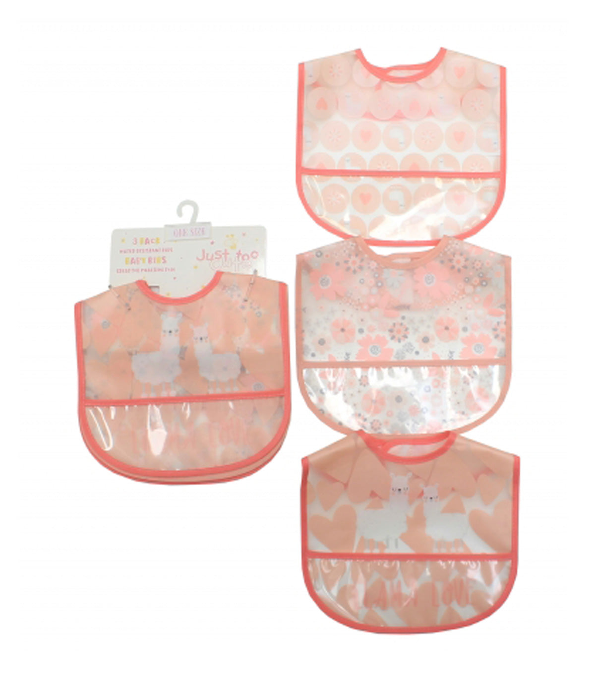 3 PACK GIRLS CLEAR PEVA BIBS - LLAMA LOVE (ONE SIZE) 65JTC8881