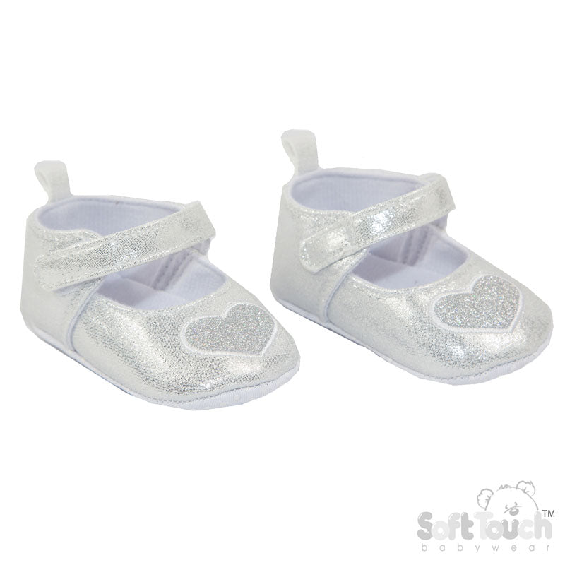 Silver Shiny Shoes With Glitter Heart And Velcro Strap (6-15 Months) (PK6) B2282-S