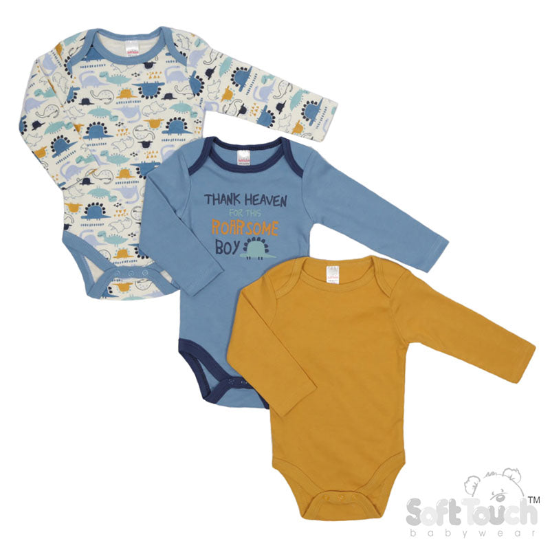 3 PACK LONG SLEEVED BODYSUITS - Dinosaur (Pack Of 6) (0-6 Months) CC212-BS