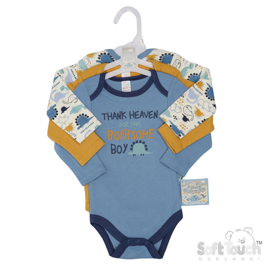 3 PACK LONG SLEEVED BODYSUITS - Dinosaur (Pack Of 6) (0-6 Months) CC212-BS
