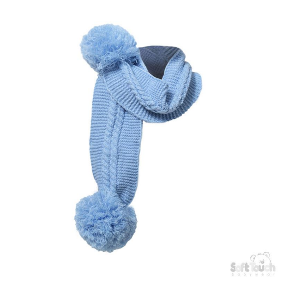 Blue Plain/Striped Scarf W/Pom Poms No. SC02-B-SM