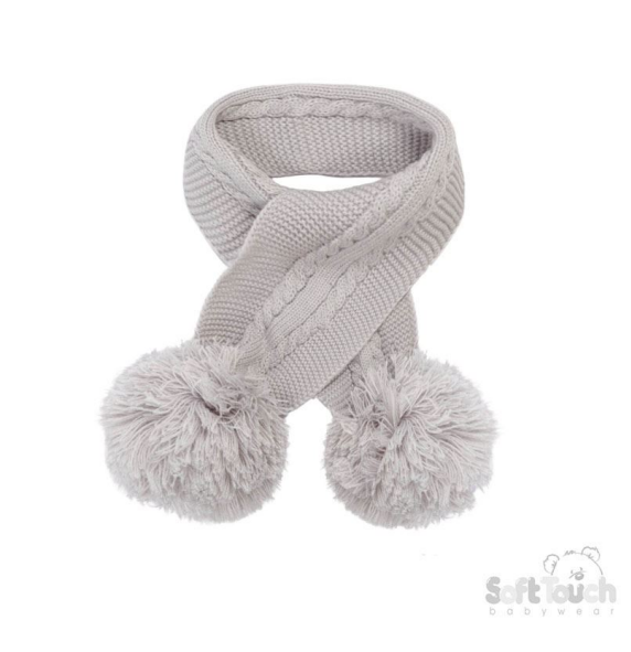 Grey 'Elegance' Cable Knit Scarf w/Pom Poms : SC12-G